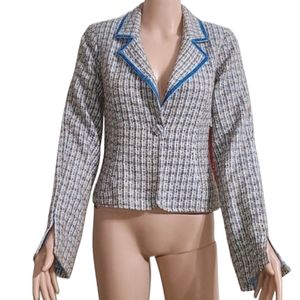 HOTKISS‎ Blue/White Brown Tweed Plaid Blazer Long Sleeve Sleeves Size M Medium